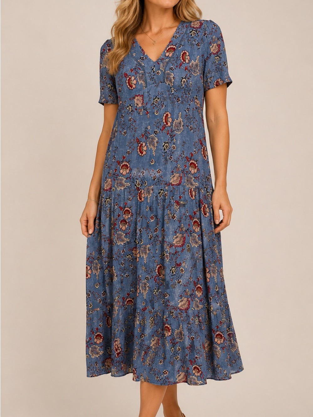 Artesia Blue Floral Tiered Midi Dress Size S Boho V-Neck